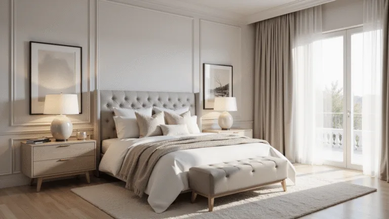 Photorealistic wide-angle view of a luxurious master bedroom bathed in soft morning light, featuring a king-sized bed with elegant bedding, accent pillows, and a velvet tufted bench, complemented by bleached oak nightstands and a plush cream rug on light hardwood floors, all set against pale greige walls with minimalist artwork.