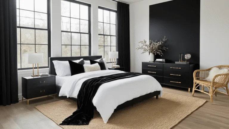 Photorealistic black and white bedroom with a king-size bed, layered textures, morning light, and stylish decor elements.
