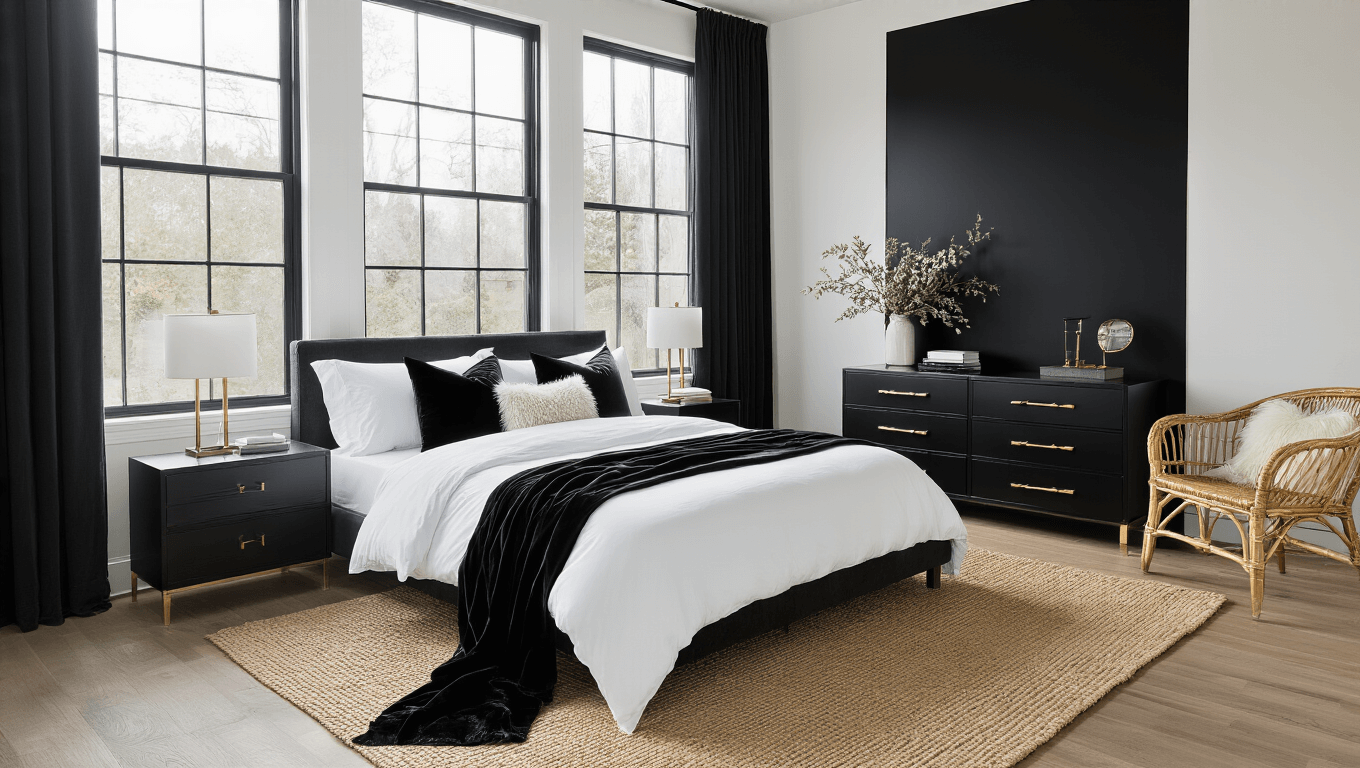 Photorealistic black and white bedroom with a king-size bed, layered textures, morning light, and stylish decor elements.
