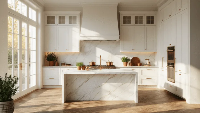 A photorealistic modern kitchen featuring off-white shaker cabinets, a Carrara marble waterfall island, warm oak herringbone floors, and natural light streaming through large windows, styled with copper cookware and terracotta herb pots.