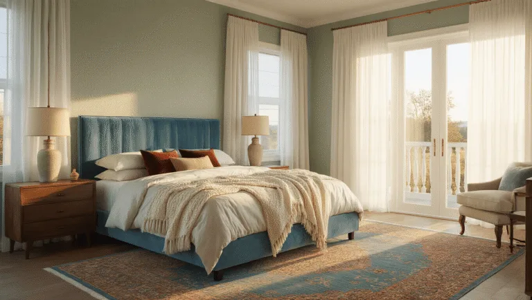 A serene primary bedroom with a king-sized bed and a dusty blue velvet headboard, illuminated by warm golden hour sunlight streaming through sheer white curtains. The room features sage green walls, layered ivory bedding, and velvet pillows, complemented by brass and walnut nightstands with ceramic lamps. A vintage Persian rug anchors the space, captured in a cinematic wide-angle shot from a low angle, highlighting architectural details and soft bokeh effects.