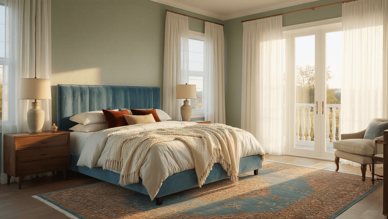 A serene primary bedroom with a king-sized bed and a dusty blue velvet headboard, illuminated by warm golden hour sunlight streaming through sheer white curtains. The room features sage green walls, layered ivory bedding, and velvet pillows, complemented by brass and walnut nightstands with ceramic lamps. A vintage Persian rug anchors the space, captured in a cinematic wide-angle shot from a low angle, highlighting architectural details and soft bokeh effects.