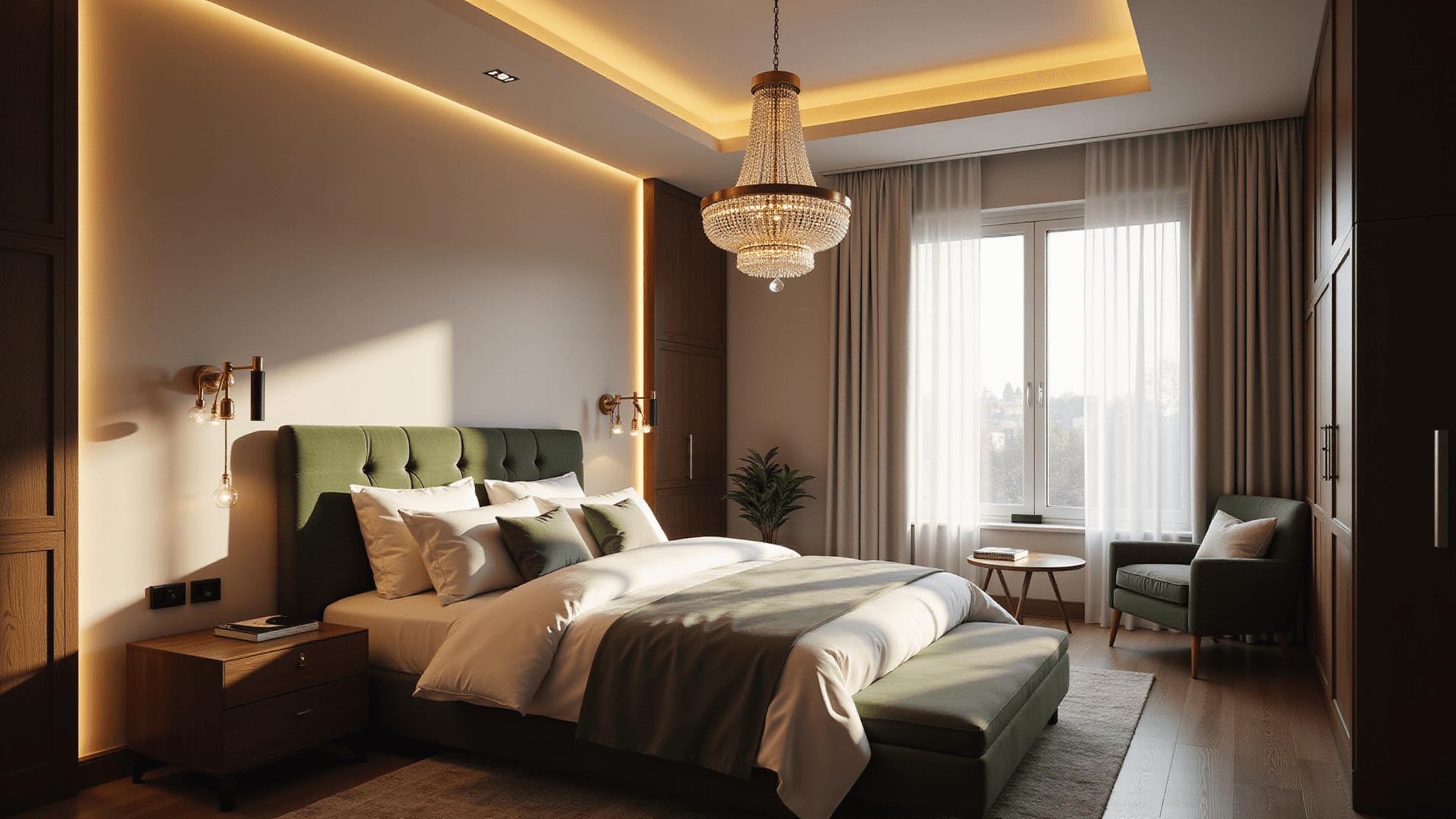 Cinematic wide-angle shot of a modern luxury bedroom at golden hour, showcasing layered lighting with a brass chandelier, warm wall sconces, adjustable reading lights, and sunlight filtering through sheer curtains.