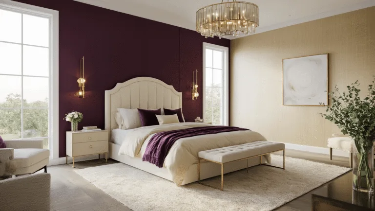 A luxurious master bedroom featuring a king-sized bed with a tufted cream headboard, deep plum accent wall, silk champagne bedding, and velvet throw pillows in jewel tones, illuminated by golden hour light streaming through floor-to-ceiling windows.