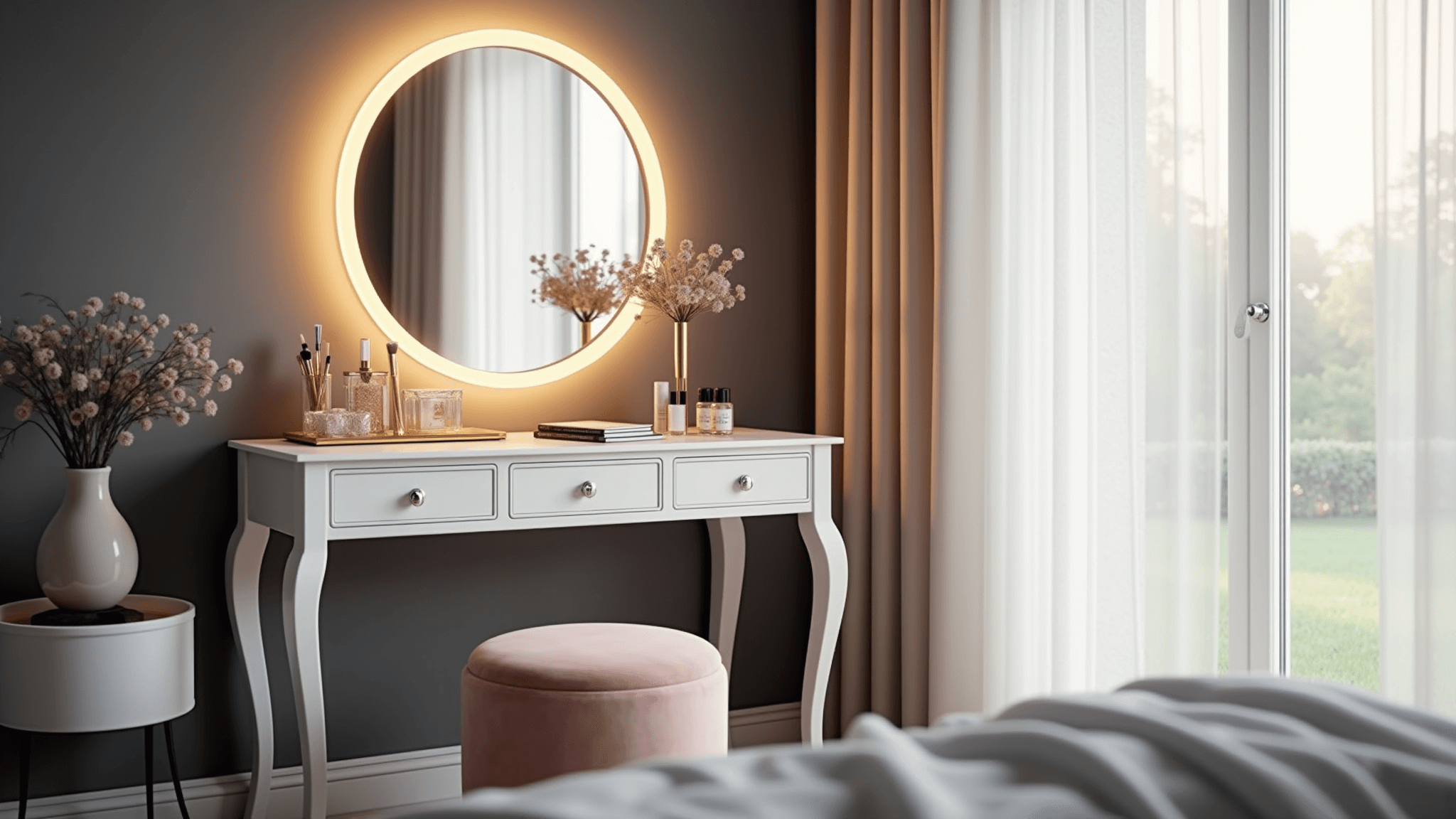 Elegant bedroom vanity corner featuring a Hollywood-style white vanity table with curved legs, plush blush pink velvet stool, and crystal perfume bottles, illuminated by a warm LED-framed mirror. Natural light filters through sheer curtains, enhancing the luxurious atmosphere.