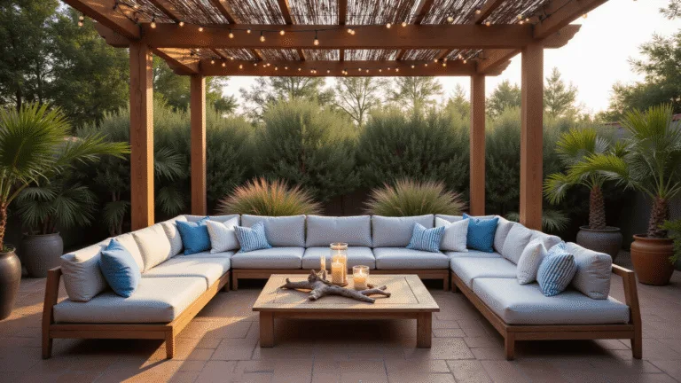 A luxurious coastal patio at golden hour featuring a spacious light gray sectional sofa with blue and white striped pillows, a weathered teak coffee table with driftwood and candles, and a pergola draped in string lights, surrounded by palm trees and coastal grasses on terra cotta tile flooring.