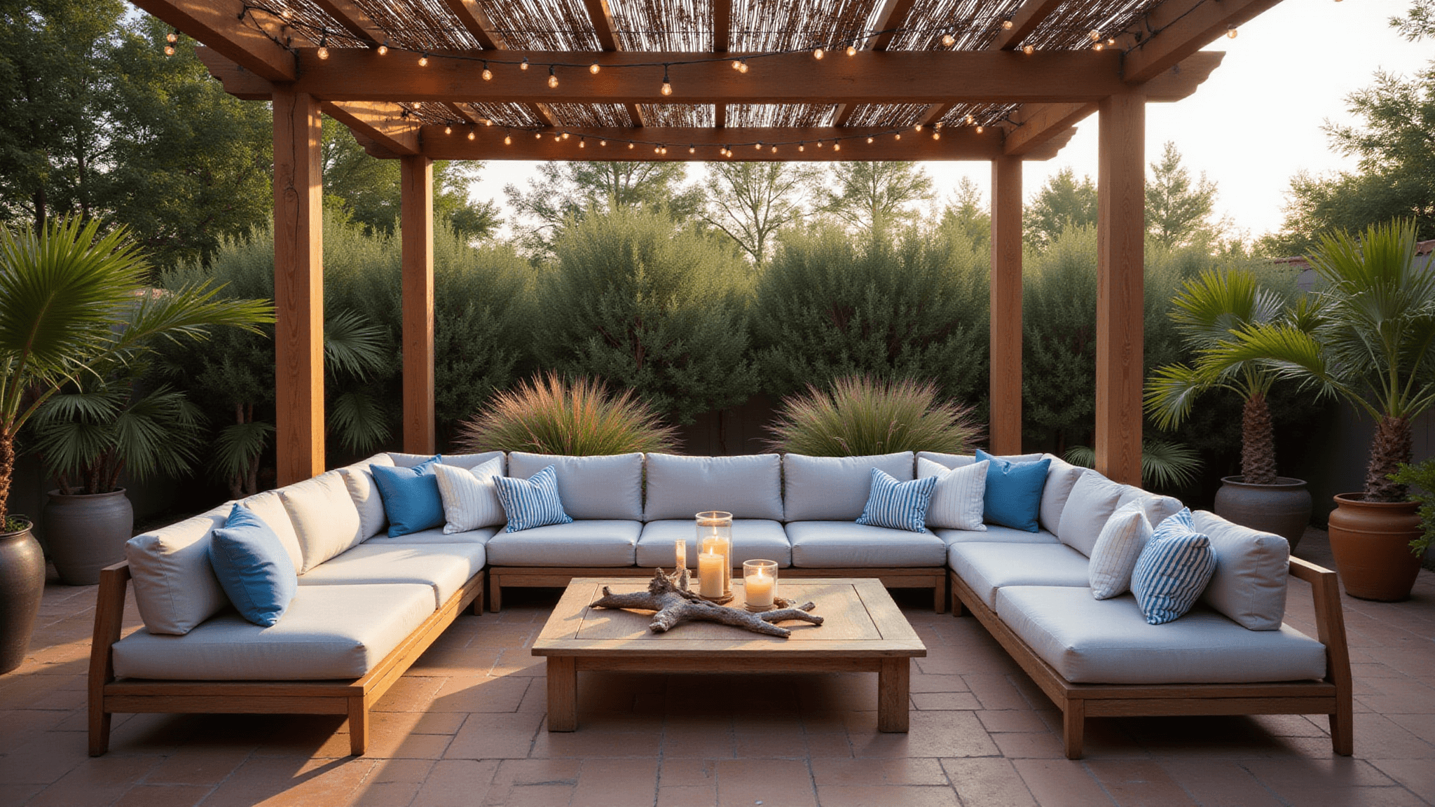 A luxurious coastal patio at golden hour featuring a spacious light gray sectional sofa with blue and white striped pillows, a weathered teak coffee table with driftwood and candles, and a pergola draped in string lights, surrounded by palm trees and coastal grasses on terra cotta tile flooring.