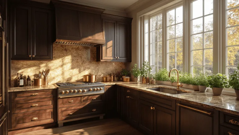 A photorealistic luxury L-shaped kitchen featuring espresso-stained maple cabinets, Venetian gold granite countertops, and floor-to-ceiling windows capturing dramatic golden hour light, with antique brass hardware and artistic copper cookware, highlighted by soft natural shadows and warm color grading.