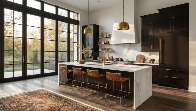 Hyperrealistic image of a modern luxury kitchen at golden hour, showcasing deep espresso cabinets with brass hardware, white marble countertops, and artisanal ceramics. Dramatic light creates warm highlights and shadows, with a soft bokeh effect in the background.