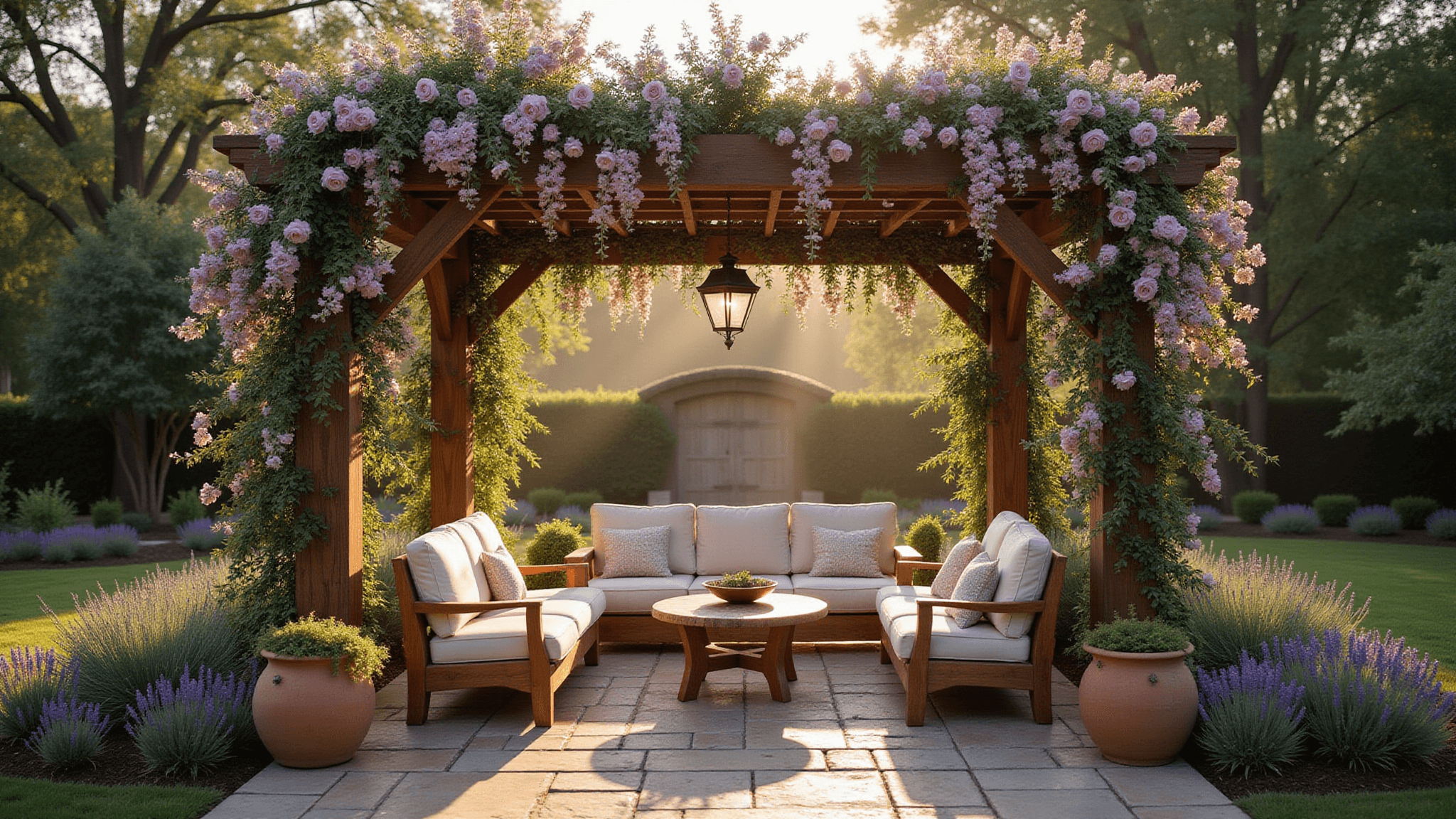Photorealistic wide-angle shot of a luxurious cedar pergola garden at golden hour, adorned with cascading pale pink climbing roses and purple wisteria, featuring weathered teak furniture, vintage lanterns, and lush greenery, creating a moody, romantic atmosphere.