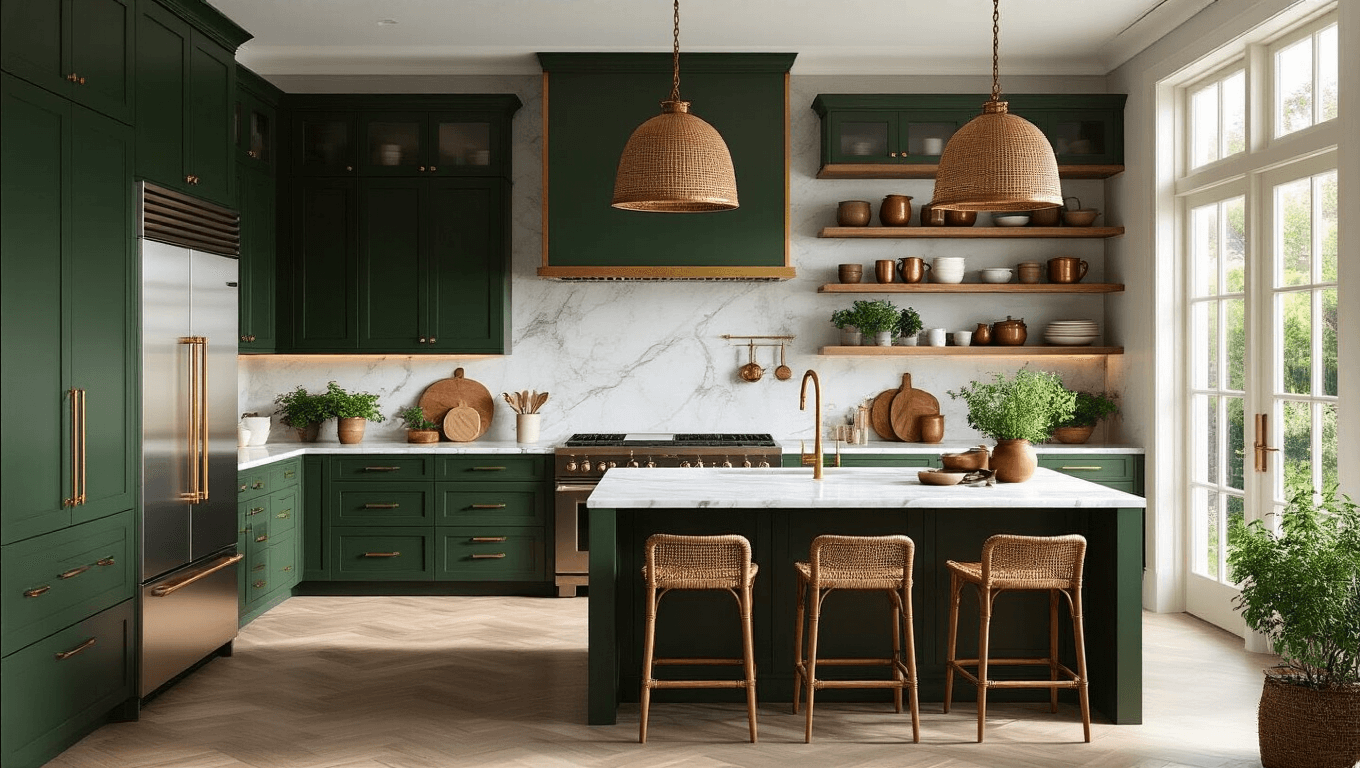 Photorealistic interior of a luxurious green kitchen featuring dark forest green cabinets with brass hardware, white marble countertops, and professional appliances, illuminated by morning sunlight with artisan ceramics and copper pots adding warmth.