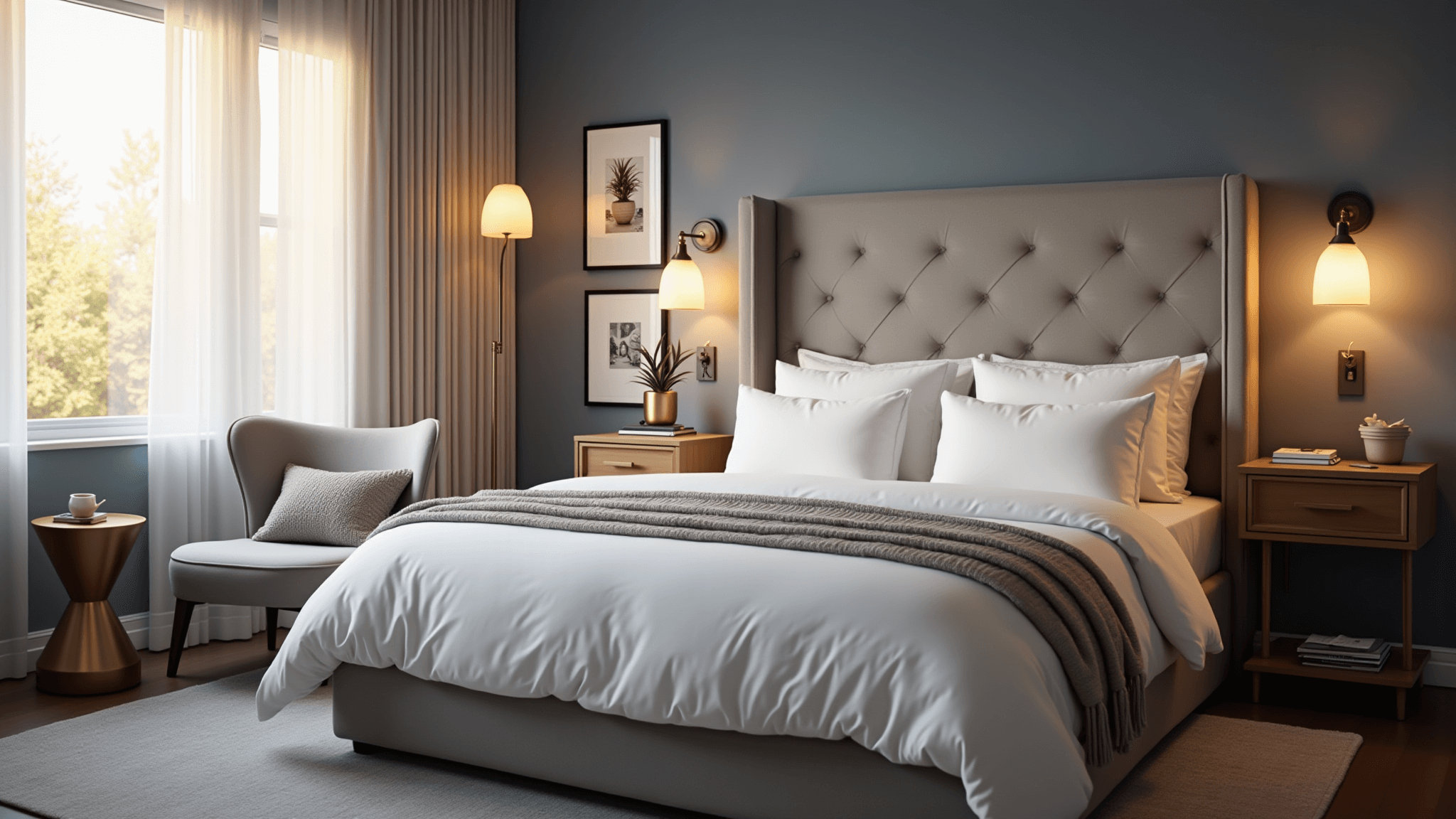 A serene, high-end spare bedroom featuring a queen-sized bed with white linens, a tufted gray headboard, and brass sconces. Morning sunlight filters through sheer curtains, illuminating blue-gray walls and a cozy reading nook with a velvet chair. Textured elements like a chunky knit throw and silk pillows add warmth, captured in cinematic detail.