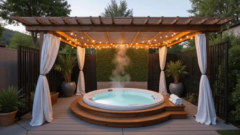 Photorealistic wide-angle shot of a luxurious backyard hot tub sanctuary at golden hour, featuring an 8-person circular hot tub on a curved IPE wood deck, surrounded by tall black bamboo, a modern cedar pergola with white curtains, uplighting, warm string lights, tropical plants, and a living green wall, all showcased amidst natural materials and steam rising from the water.