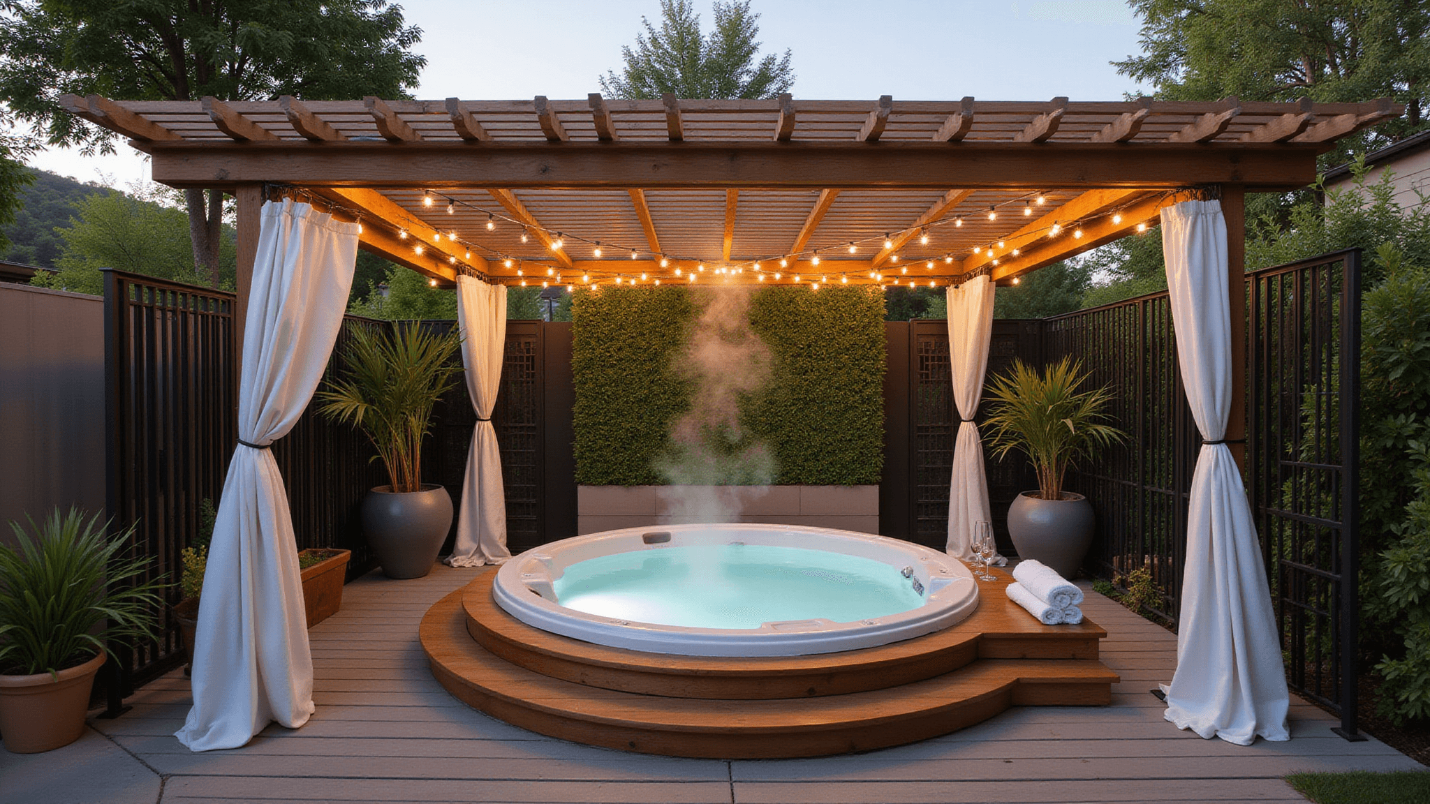 Photorealistic wide-angle shot of a luxurious backyard hot tub sanctuary at golden hour, featuring an 8-person circular hot tub on a curved IPE wood deck, surrounded by tall black bamboo, a modern cedar pergola with white curtains, uplighting, warm string lights, tropical plants, and a living green wall, all showcased amidst natural materials and steam rising from the water.