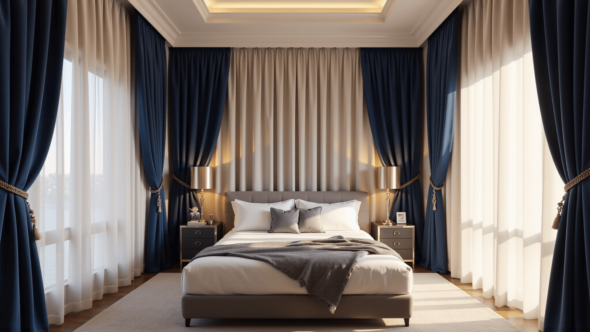 A luxurious master bedroom featuring floor-to-ceiling navy velvet curtains with sheer ivory underlayers, a king-sized bed with white linens and gray cashmere throw, illuminated by golden hour sunlight, showcasing rich textures and high-end interior design elements.