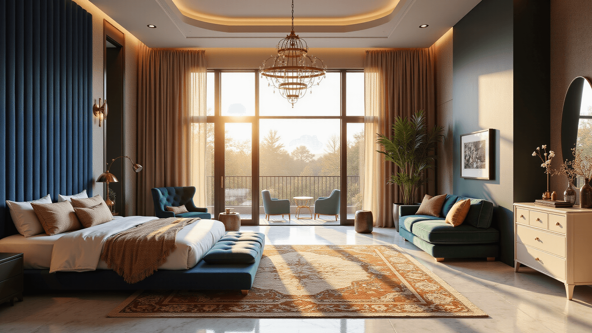 Photorealistic master bedroom at golden hour with a king-size velvet bed, dramatic windows, brass chandelier, reading nook, Art Deco vanity, layered textures, and modern fireplace.