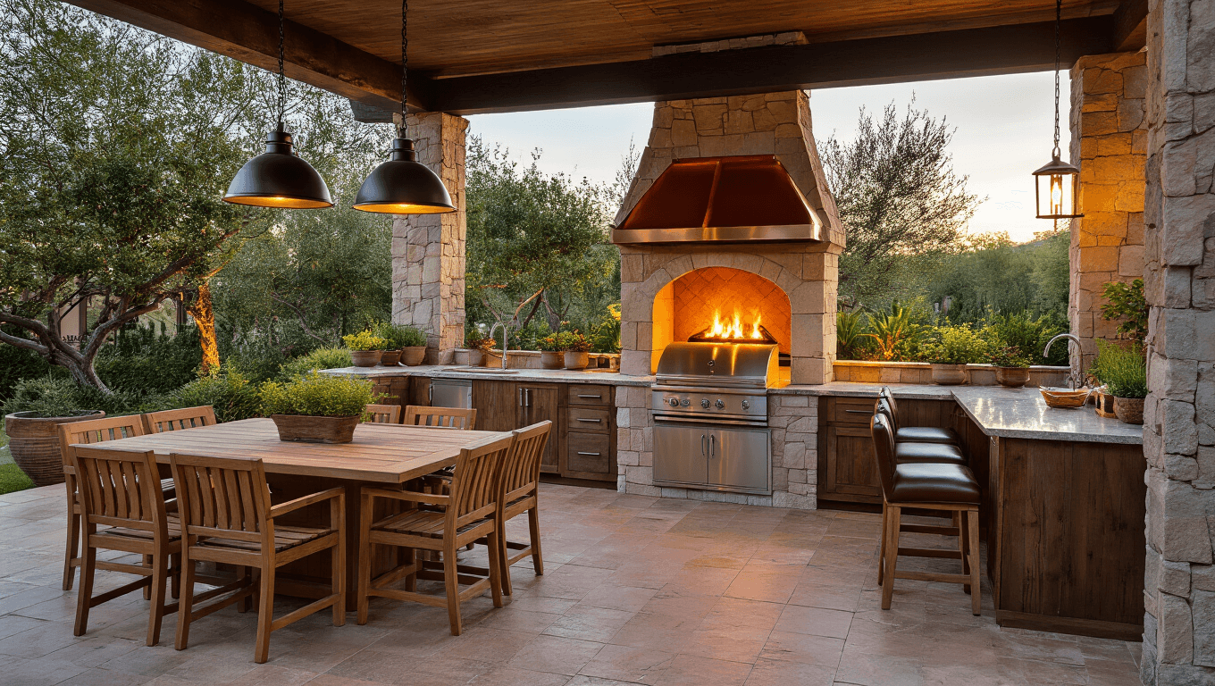 A luxurious covered outdoor kitchen with a grand stone fireplace, professional-grade grill, granite countertops, and a teak dining set, set in a beautiful garden during golden hour.