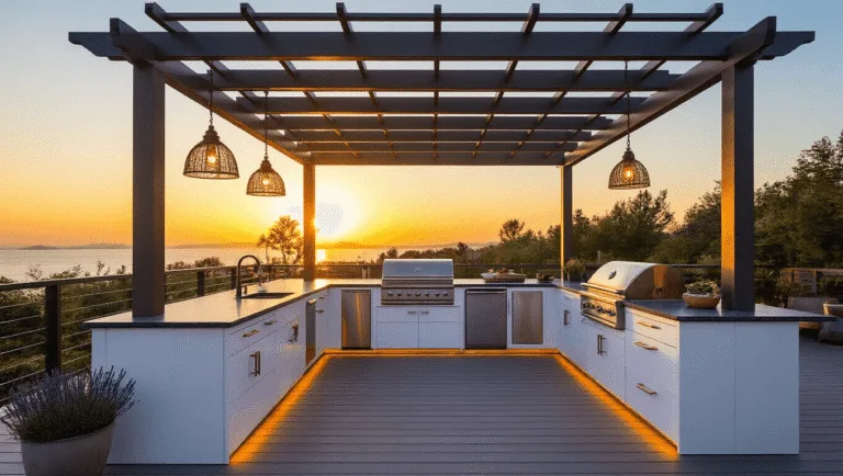 A luxurious outdoor deck kitchen at sunset, featuring a U-shaped layout with stainless steel appliances, granite countertops, and coastal decor, bathed in warm golden light with dramatic shadows.