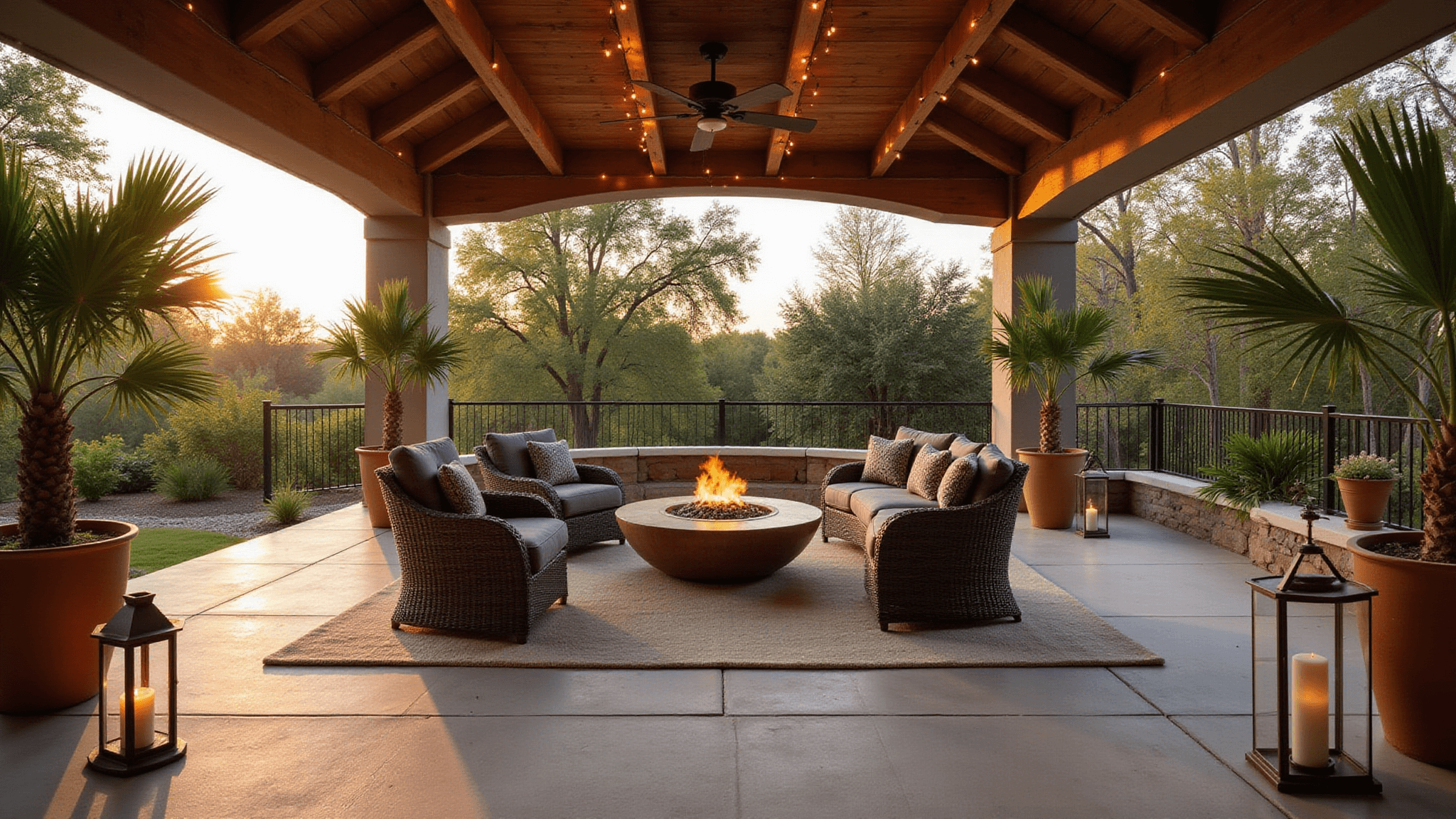 A luxurious covered patio at golden hour, featuring a wicker conversation set around a bronze fire pit, draped with warm string lights, framed by palm trees and illuminated by vintage lanterns.