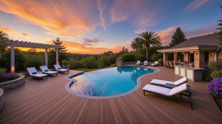 A luxurious above-ground pool deck at sunset, featuring a round pool surrounded by a mahogany-toned composite deck, modern loungers, and lush landscaping, captured in stunning detail with warm lighting and a cinematic perspective.
