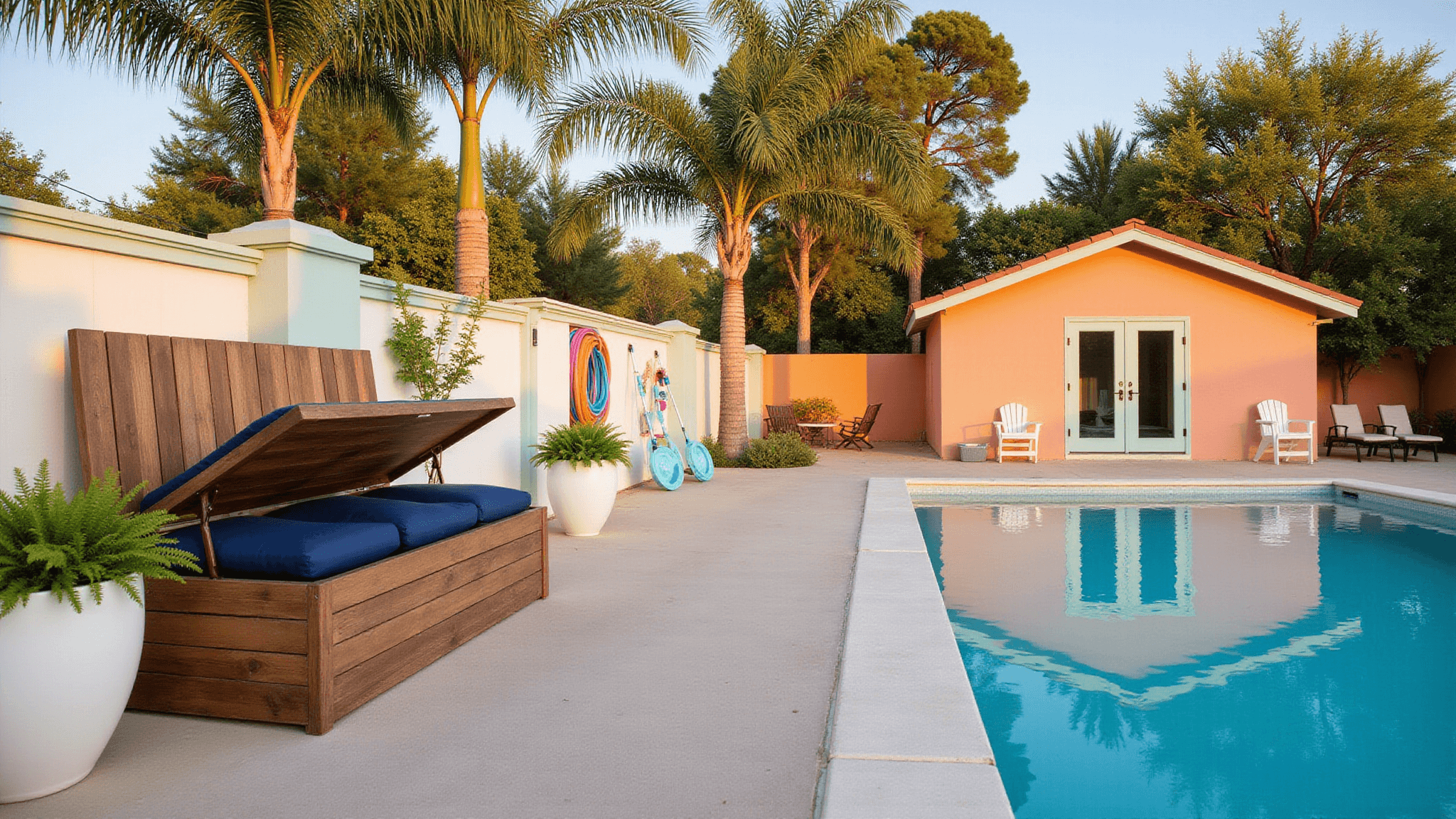 A luxurious pool area at sunset featuring a teak storage bench with navy cushions, organized pool toys, a white privacy screen with jasmine, a coral stucco wall with colorful pool noodle storage, and a seafoam garden shed, all highlighted by warm lighting and mature palm trees.