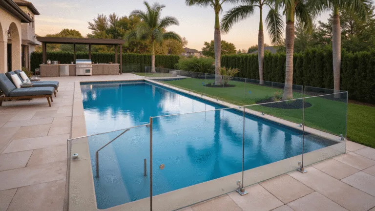 Photorealistic image of a contemporary poolside with an infinity pool, frameless glass fencing, modern loungers, and lush tropical landscaping at golden hour, showcasing warm lighting and luxurious features.