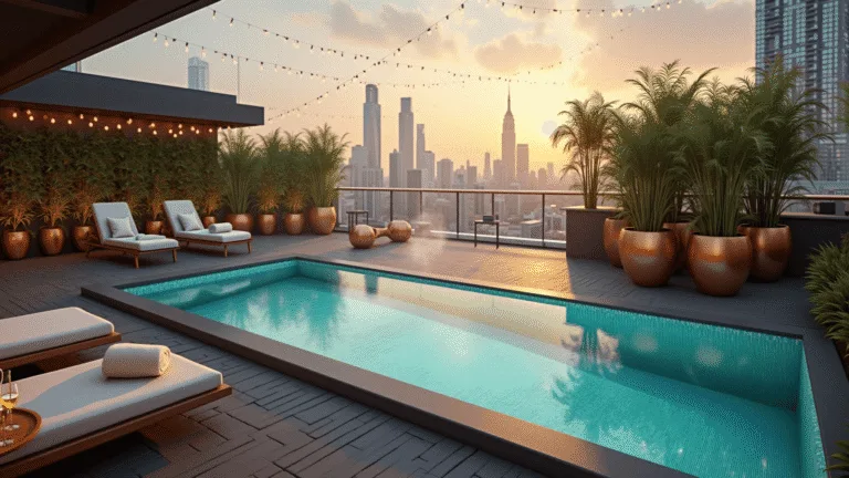 A luxurious urban rooftop terrace at sunset featuring a sparkling plunge pool with turquoise mosaic tiles, surrounded by modern loungers and tropical plants, with a city skyline backdrop and warm string lights.