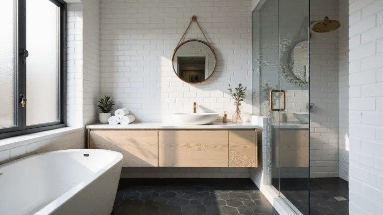 Photorealistic image of a luxurious guest bathroom featuring a floating light oak vanity, oval vessel sink, brass fixtures, and modern geometric tile flooring, illuminated by soft natural light from a large frosted window.