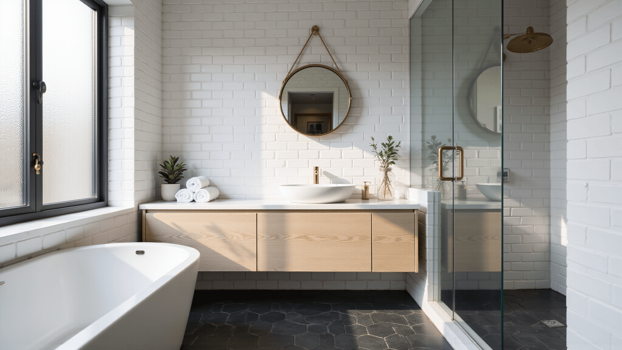 Photorealistic image of a luxurious guest bathroom featuring a floating light oak vanity, oval vessel sink, brass fixtures, and modern geometric tile flooring, illuminated by soft natural light from a large frosted window.