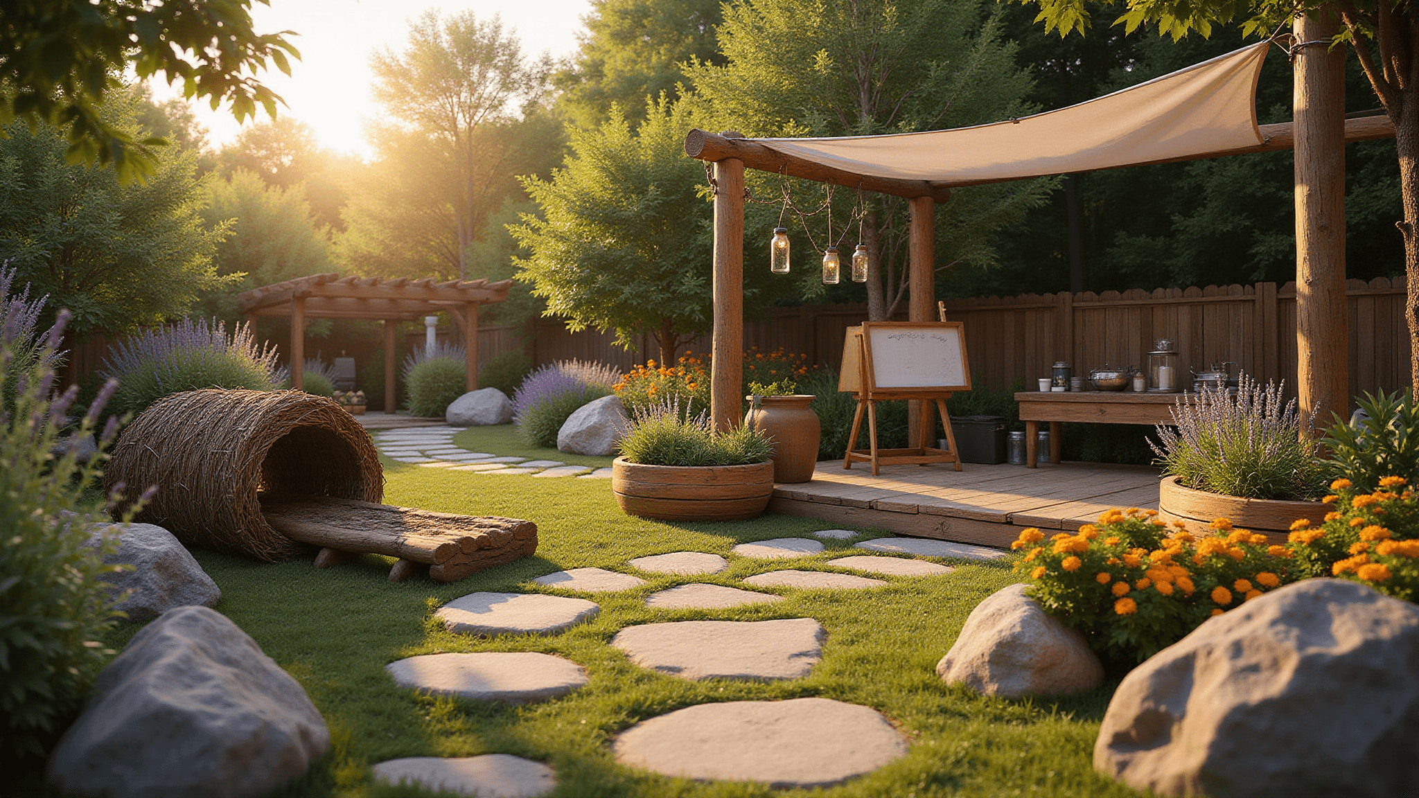 A whimsical children's garden at golden hour featuring a winding stone pathway, a log climbing structure, a willow tunnel with solar lights, a rustic mud kitchen, a sensory garden corner with colorful flowers, and an art station, all bathed in golden sunlight and magical light particles.