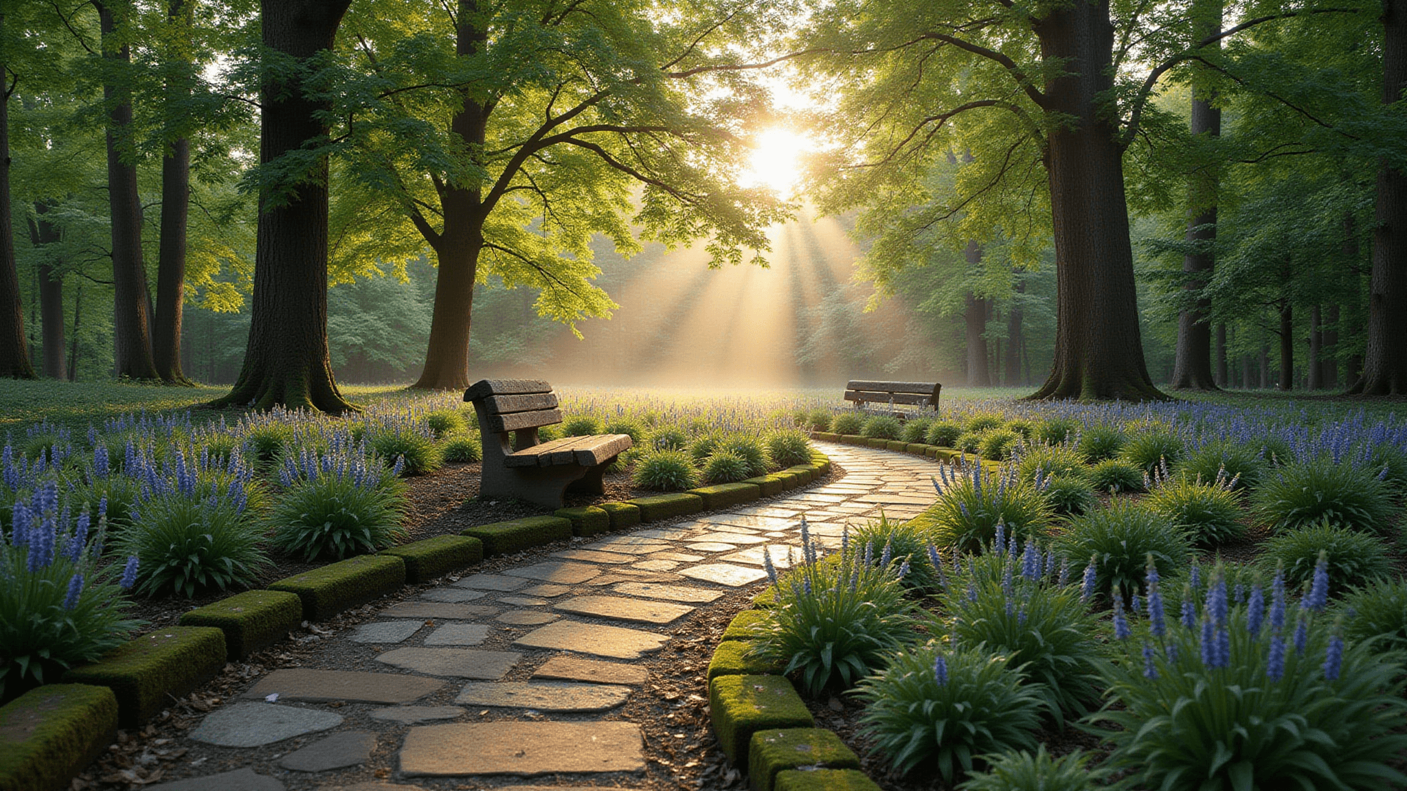 A winding garden path meanders through a mature woodland at golden hour, illuminated by dappled sunlight filtering through tall maple and oak trees, with blue hostas and ostrich ferns lining the moss-covered stone borders and a weathered wooden bench partially hidden around a curve, creating an ethereal, photorealistic landscape.