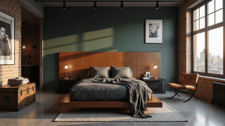 A cinematic wide-angle shot of a sophisticated masculine bedroom featuring a low-profile bed with charcoal grey bedding, cognac leather headboard, and floor-to-ceiling windows that let in golden hour sunlight, highlighting polished concrete floors, modern nightstands, and a distressed leather lounge chair. An accent wall in deep forest green contrasts with exposed brick, complemented by a black-and-white photography gallery, brass pendant lighting, and textured wool throws. Urban skyline views enhance the moody atmosphere.