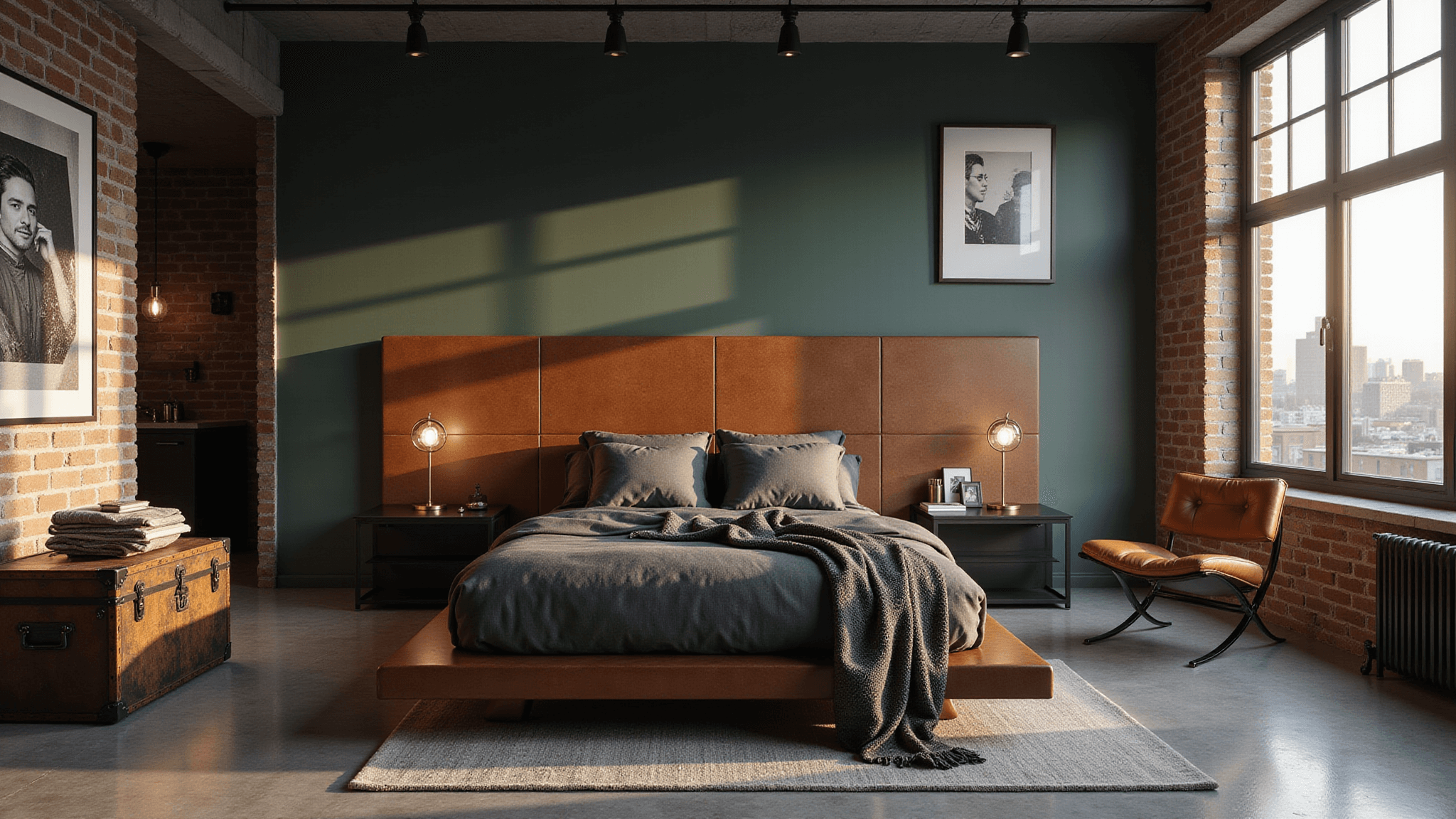 A cinematic wide-angle shot of a sophisticated masculine bedroom featuring a low-profile bed with charcoal grey bedding, cognac leather headboard, and floor-to-ceiling windows that let in golden hour sunlight, highlighting polished concrete floors, modern nightstands, and a distressed leather lounge chair. An accent wall in deep forest green contrasts with exposed brick, complemented by a black-and-white photography gallery, brass pendant lighting, and textured wool throws. Urban skyline views enhance the moody atmosphere.