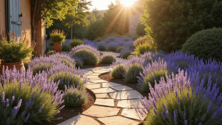 Cinematic wide-angle photograph of a sun-drenched Mediterranean garden terrace with blooming lavender and silver-leafed sage, featuring ancient limestone walls and a winding stone pathway, all illuminated by golden hour light.