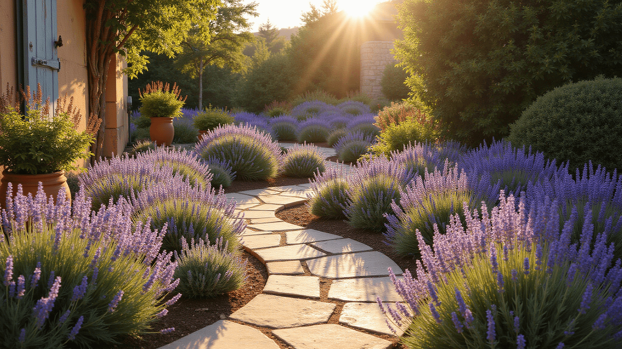 Cinematic wide-angle photograph of a sun-drenched Mediterranean garden terrace with blooming lavender and silver-leafed sage, featuring ancient limestone walls and a winding stone pathway, all illuminated by golden hour light.