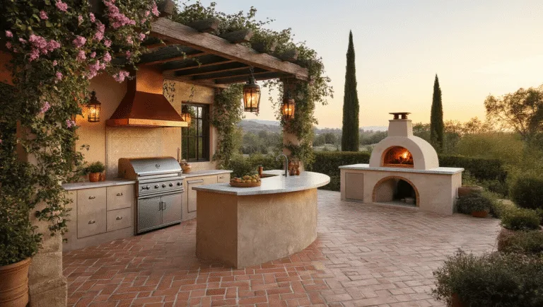Photorealistic Mediterranean outdoor kitchen at golden hour, featuring a covered pergola, marble island, stainless steel grill, stone pizza oven, and ambient copper lanterns, with olive wood cutting boards and citrus trees in the background.