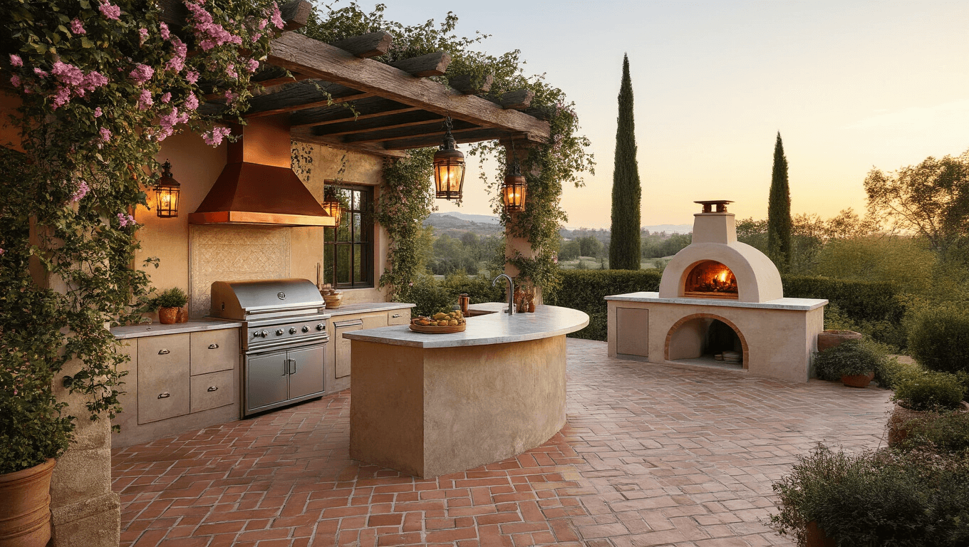 Photorealistic Mediterranean outdoor kitchen at golden hour, featuring a covered pergola, marble island, stainless steel grill, stone pizza oven, and ambient copper lanterns, with olive wood cutting boards and citrus trees in the background.