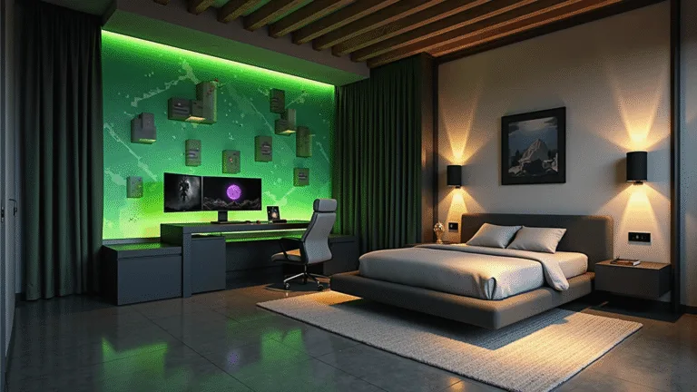A modern gaming bedroom featuring a pixelated Minecraft accent wall with illuminated 3D elements, soft RGB ambient lighting, a platform bed with block-patterned bedding, a minimalist gaming desk, floating shelves for collectibles, and a constellation-patterned ceiling, all captured in dramatic golden hour lighting.