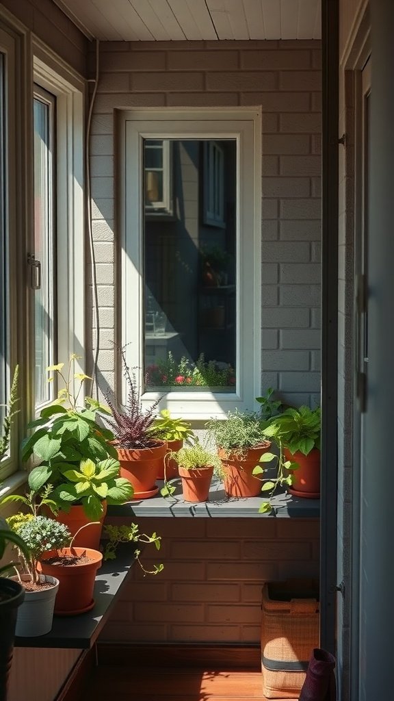 A small balcony with various potted herbs on shelves, showcasing a miniature herb garden.