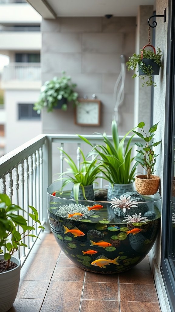 A small balcony featuring a miniature water garden with goldfish, aquatic plants, and decorative stones.
