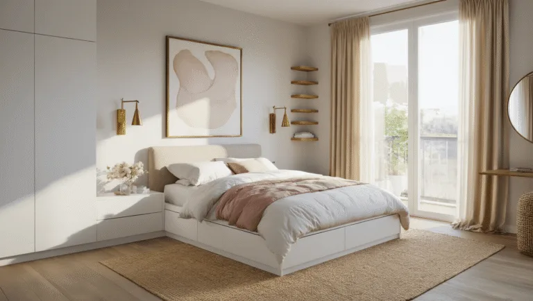 A hyperrealistic photograph of a small 120-square-foot bedroom featuring a queen-sized platform bed with storage, champagne silk curtains, modern brass sconces, and a large abstract artwork, all bathed in golden hour light.