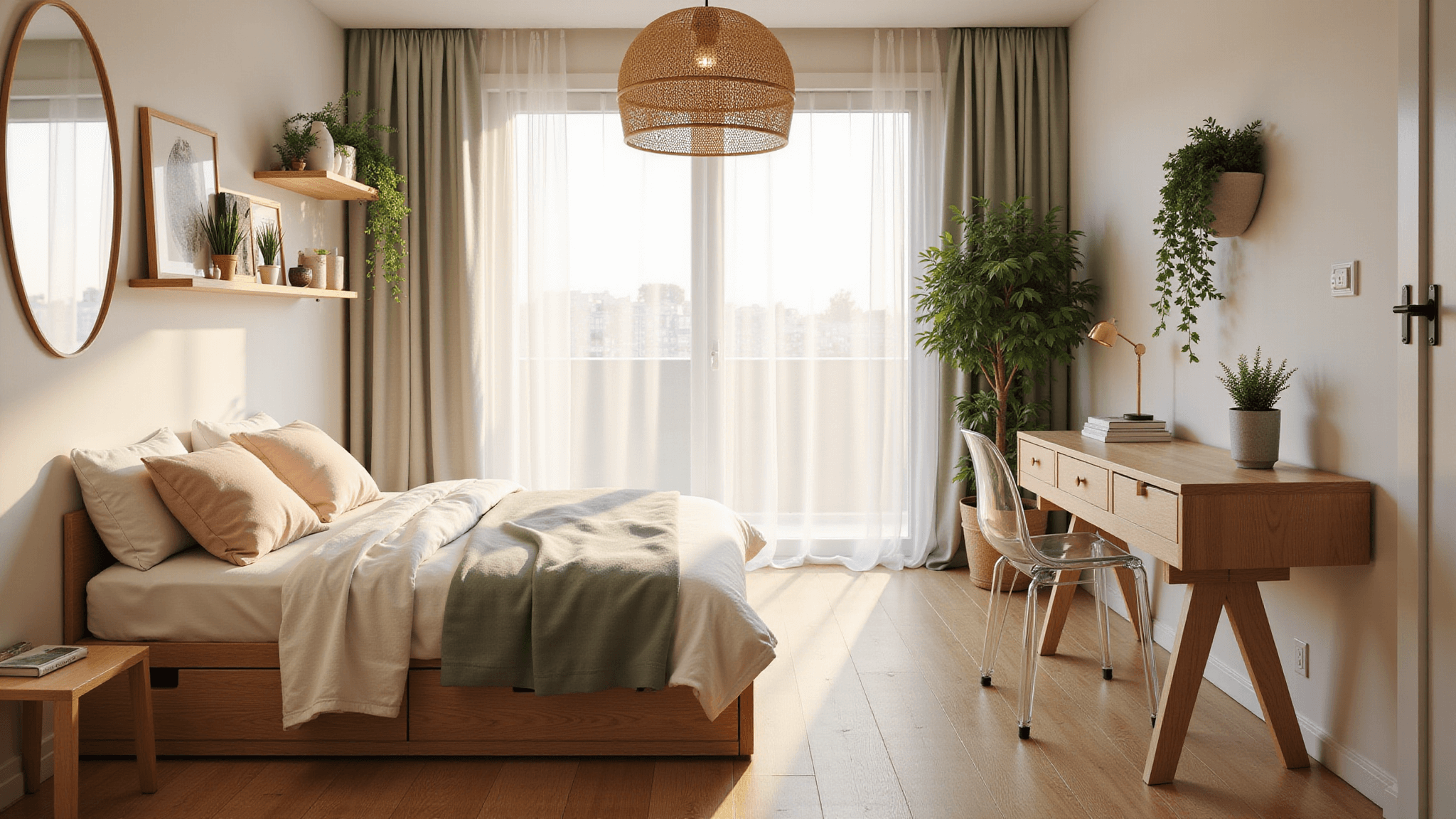 Photorealistic image of a minimalist compact bedroom with a low-profile platform bed, soft sunlight through sheer curtains, light oak flooring, and decorative accents in blush and sage green.
