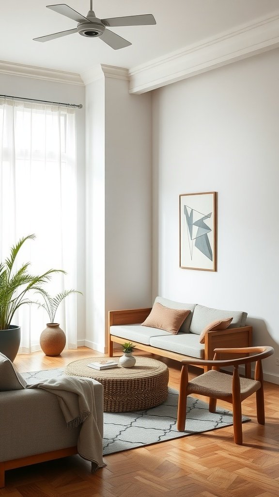 A minimalist living room featuring wooden furniture, a round coffee table, and plants, embodying Wabi Sabi aesthetics.