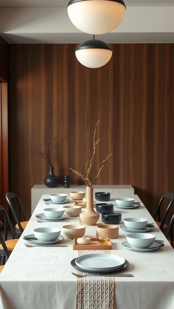 A minimalist dining table setting in a Japandi style with soft colors and natural materials.