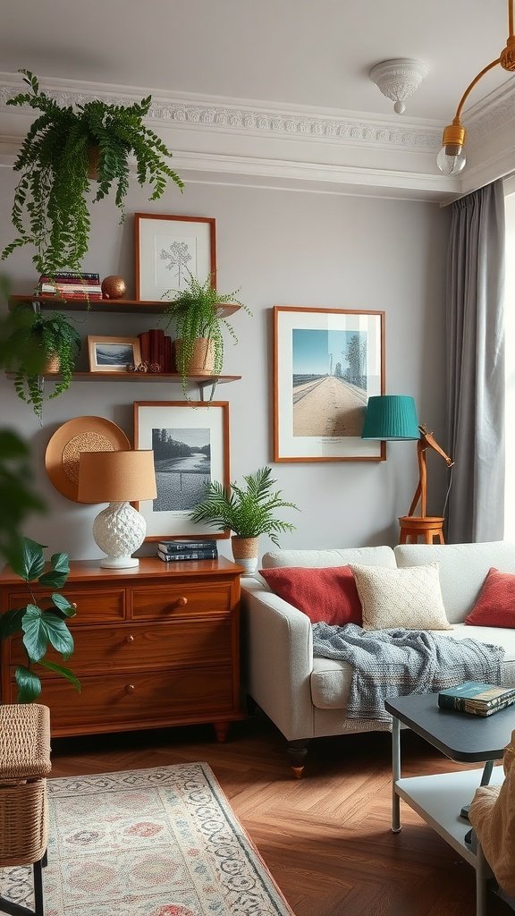 A cozy living room featuring vintage and modern decor elements, including wooden furniture, framed art, and plants.