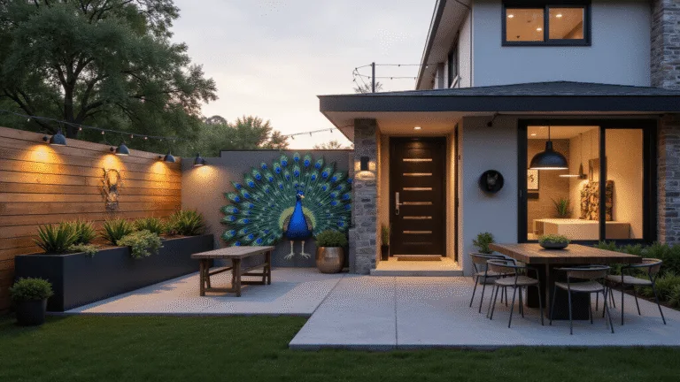 A photorealistic wide-angle view of a contemporary backyard featuring a hand-painted peacock mural on a modern fence, surrounded by geometric metal planters with cascading succulents, matte black wall sculptures, and deep charcoal outdoor furniture, all illuminated by warm LED string lights in a moody dusk setting.