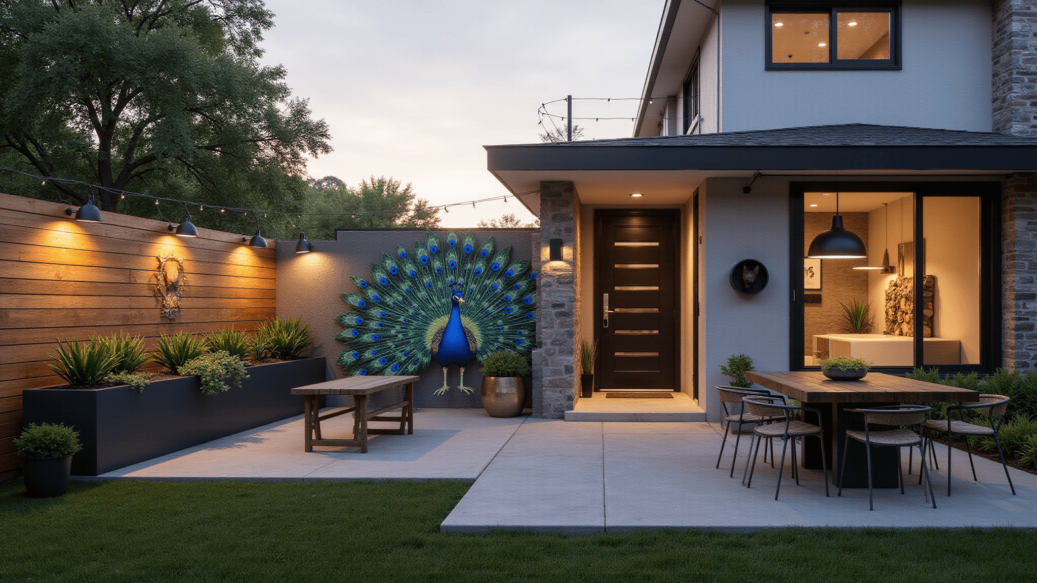 A photorealistic wide-angle view of a contemporary backyard featuring a hand-painted peacock mural on a modern fence, surrounded by geometric metal planters with cascading succulents, matte black wall sculptures, and deep charcoal outdoor furniture, all illuminated by warm LED string lights in a moody dusk setting.