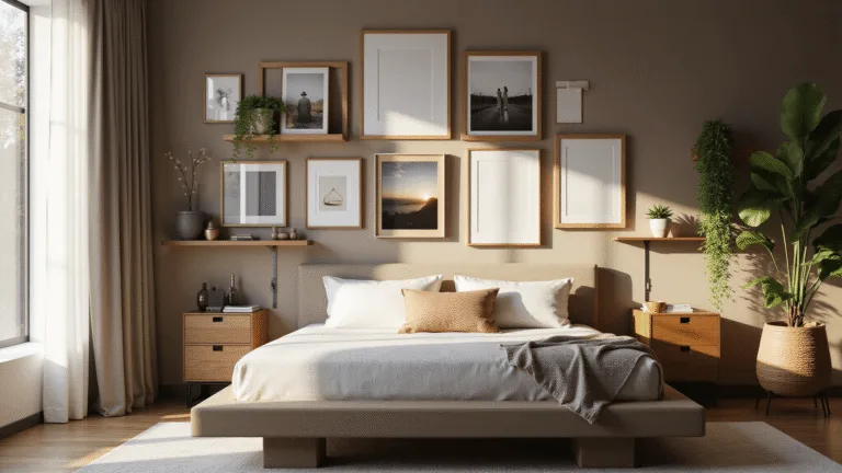 A modern bedroom with a gallery wall featuring an asymmetrical arrangement of frames in varied sizes and finishes, illuminated by natural morning light through large windows.