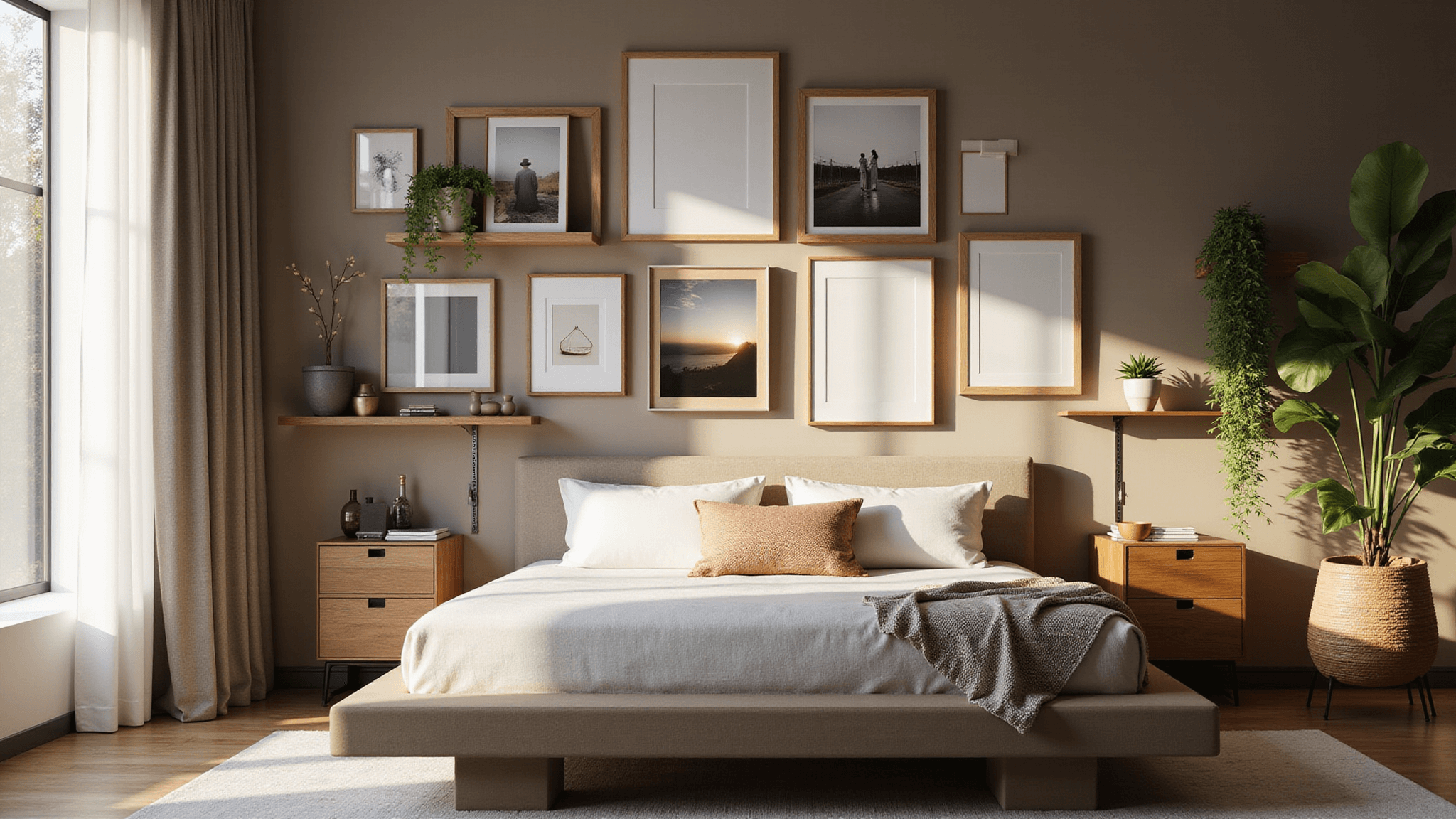 A modern bedroom with a gallery wall featuring an asymmetrical arrangement of frames in varied sizes and finishes, illuminated by natural morning light through large windows.