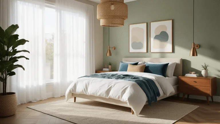 A sun-drenched modern bedroom featuring a king-sized bed with a white linen duvet and dusty blue velvet pillows, illuminated by golden hour light filtering through sheer curtains. Rattan pendant light casts honeycomb shadows while walnut nightstands with brass lamps frame the bed. A fiddle leaf fig plant adds greenery, complemented by a neutral rug and sage green accent wall with modern abstract art. Hyper-detailed interior in 8K resolution.
